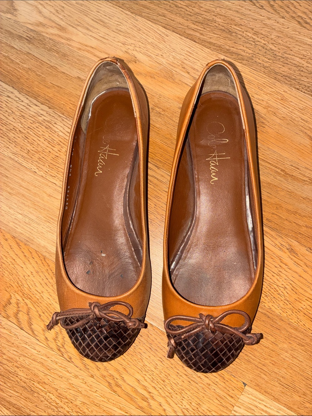 Cole Haan Tan Leather Ballet Flats with Dark Brown Woven Toe